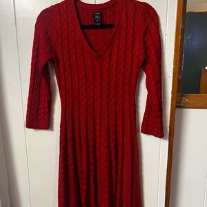 Red Cable Knit Dress, midi, quarter-sleeve, v-neck, JH